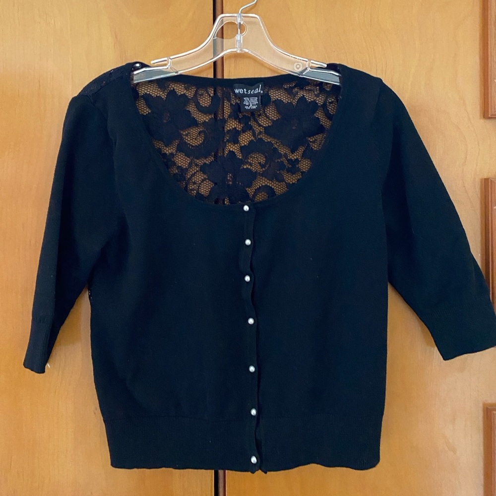 Wet Seal Pearl Button Black Lace Cardigan
